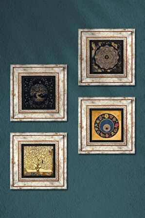 Sri Yantra, Hayat Ağacı, Nazar, Gustav Klimt Hayat Ağacı Taş Duvar Tablosu Çerçeveli Duvar Dekoru 4 Parça Tablo Seti Wall Art