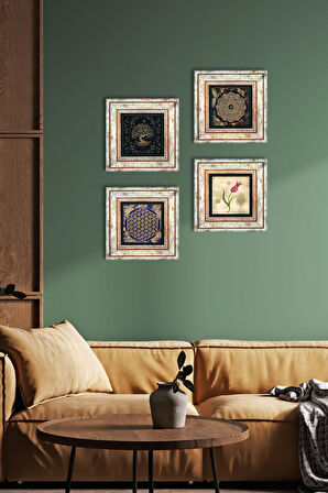 Sri Yantra, Yaşam Çiçeği, Hayat Ağacı, Lale Taş Duvar Tablosu Çerçeveli Duvar Dekoru 4 Parça Tablo Seti Wall Art