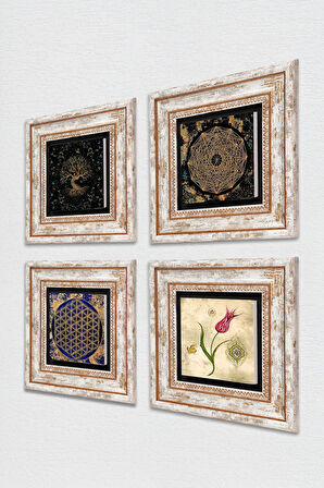 Sri Yantra, Yaşam Çiçeği, Hayat Ağacı, Lale Taş Duvar Tablosu Çerçeveli Duvar Dekoru 4 Parça Tablo Seti Wall Art