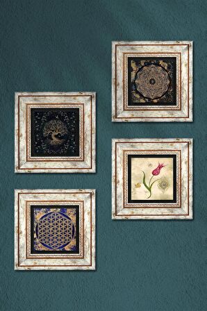 Sri Yantra, Yaşam Çiçeği, Hayat Ağacı, Lale Taş Duvar Tablosu Çerçeveli Duvar Dekoru 4 Parça Tablo Seti Wall Art