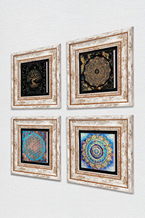 Mandala, Sri Yantra, Yaşam Çiçeği, Hayat Ağacı Taş Duvar Tablosu Çerçeveli Duvar Dekoru 4 Parça Tablo Seti Wall Art