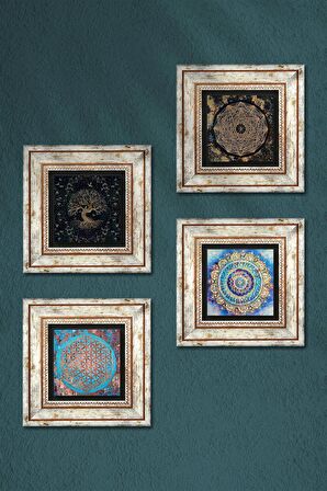 Mandala, Sri Yantra, Yaşam Çiçeği, Hayat Ağacı Taş Duvar Tablosu Çerçeveli Duvar Dekoru 4 Parça Tablo Seti Wall Art