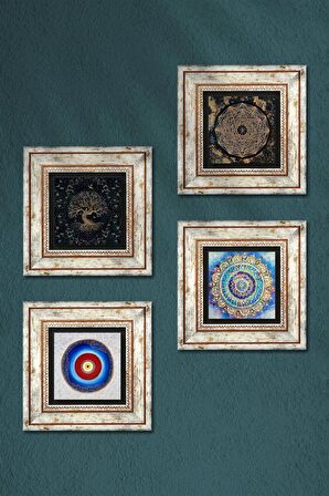 Nazar, Mandala, Sri Yantra, Hayat Ağacı Taş Duvar Tablosu Çerçeveli Duvar Dekoru 4 Parça Tablo Seti Wall Art