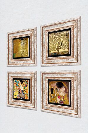 Gustav Klimt Yelpazeli Kadın, Bauer Portresi, Öpücük, Hayat Ağacı Taş Duvar Tablosu Çerçeveli Duvar Dekoru 4 Parça Tablo Seti Wall Art