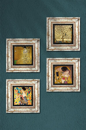 Gustav Klimt Yelpazeli Kadın, Bauer Portresi, Öpücük, Hayat Ağacı Taş Duvar Tablosu Çerçeveli Duvar Dekoru 4 Parça Tablo Seti Wall Art