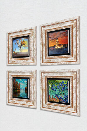 Salvador Dalí, Claude Monet, Van Gogh, İstanbul Kız Kulesi Taş Duvar Tablosu Çerçeveli Duvar Dekoru 4 Parça Tablo Seti Wall Art