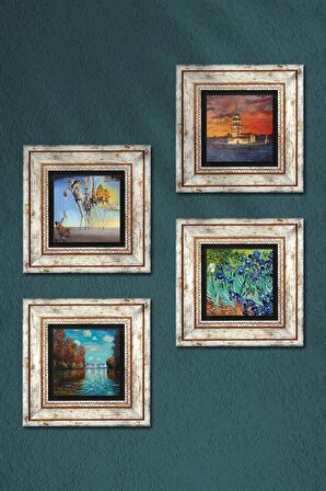 Salvador Dalí, Claude Monet, Van Gogh, İstanbul Kız Kulesi Taş Duvar Tablosu Çerçeveli Duvar Dekoru 4 Parça Tablo Seti Wall Art