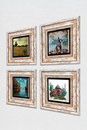 Claude Monet Sonbahar, Gelincikler, Ayasofya, Galata Kulesi Taş Duvar Tablosu Çerçeveli Duvar Dekoru 4 Parça Tablo Seti Wall Art