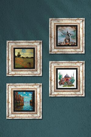Claude Monet Sonbahar, Gelincikler, Ayasofya, Galata Kulesi Taş Duvar Tablosu Çerçeveli Duvar Dekoru 4 Parça Tablo Seti Wall Art