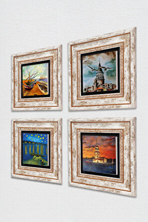 Van Gogh, İstanbul Galata Kulesi, Kız Kulesi Taş Duvar Tablosu Çerçeveli Duvar Dekoru 4 Parça Tablo Seti Wall Art