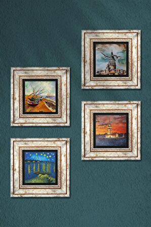 Van Gogh, İstanbul Galata Kulesi, Kız Kulesi Taş Duvar Tablosu Çerçeveli Duvar Dekoru 4 Parça Tablo Seti Wall Art