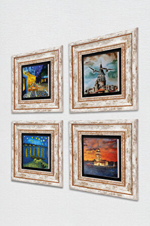 Van Gogh, İstanbul Galata Kulesi, Kız Kulesi Taş Duvar Tablosu Çerçeveli Duvar Dekoru 4 Parça Tablo Seti Wall Art
