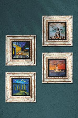 Van Gogh, İstanbul Galata Kulesi, Kız Kulesi Taş Duvar Tablosu Çerçeveli Duvar Dekoru 4 Parça Tablo Seti Wall Art