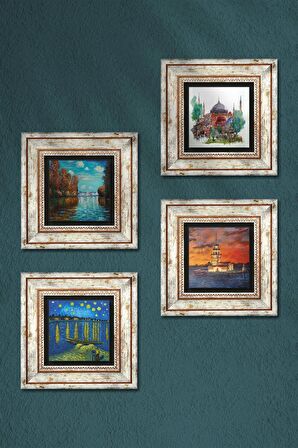 Van Gogh, Claude Monet, İstanbul Ayasofya, Kız Kulesi Taş Duvar Tablosu Çerçeveli Duvar Dekoru 4 Parça Tablo Seti Wall Art