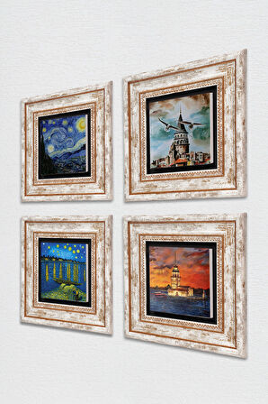 Van Gogh, İstanbul Galata Kulesi, Kız Kulesi Taş Duvar Tablosu Çerçeveli Duvar Dekoru 4 Parça Tablo Seti Wall Art