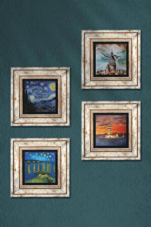 Van Gogh, İstanbul Galata Kulesi, Kız Kulesi Taş Duvar Tablosu Çerçeveli Duvar Dekoru 4 Parça Tablo Seti Wall Art