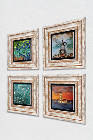 İstanbul Galata Kulesi, Kız Kulesi, Van Gogh İrisler, Badem Ağacı Taş Duvar Tablosu Çerçeveli Duvar Dekoru 4 Parça Tablo Seti Wall Art