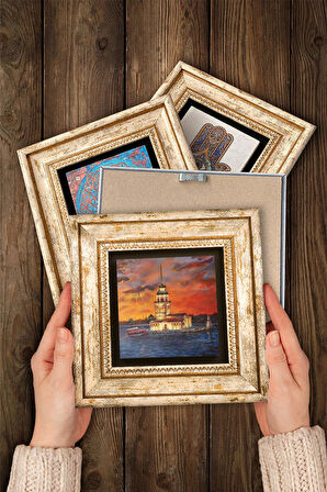 İstanbul Galata Kulesi, Kız Kulesi, Van Gogh İrisler, Badem Ağacı Taş Duvar Tablosu Çerçeveli Duvar Dekoru 4 Parça Tablo Seti Wall Art