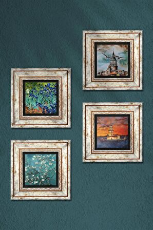 İstanbul Galata Kulesi, Kız Kulesi, Van Gogh İrisler, Badem Ağacı Taş Duvar Tablosu Çerçeveli Duvar Dekoru 4 Parça Tablo Seti Wall Art