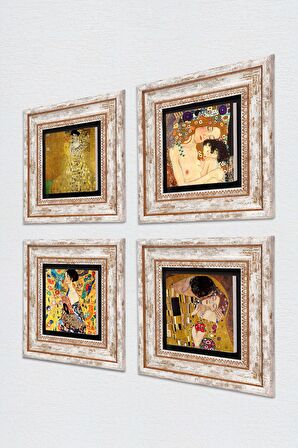 Gustav Klimt Yelpazeli Kadın, Bauer'in Portresi, Anne Çocuk, Öpücük Taş Duvar Tablosu Çerçeveli Duvar Dekoru 4 Parça Tablo Seti Wall Art