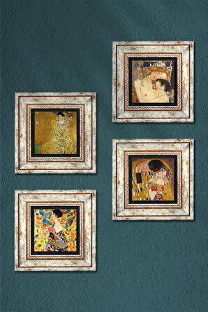 Gustav Klimt Yelpazeli Kadın, Bauer'in Portresi, Anne Çocuk, Öpücük Taş Duvar Tablosu Çerçeveli Duvar Dekoru 4 Parça Tablo Seti Wall Art