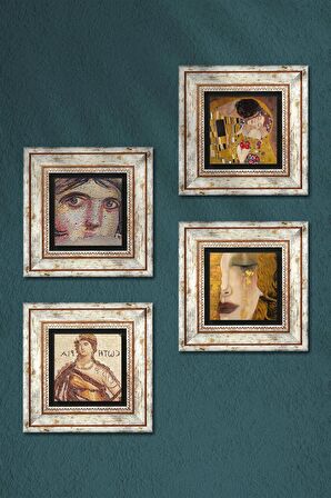 Çingene Kızı, Soteria, Gustav Klimt Altın Gözyaşları, Öpücük Taş Duvar Tablosu Çerçeveli Duvar Dekoru 4 Parça Tablo Seti Wall Art