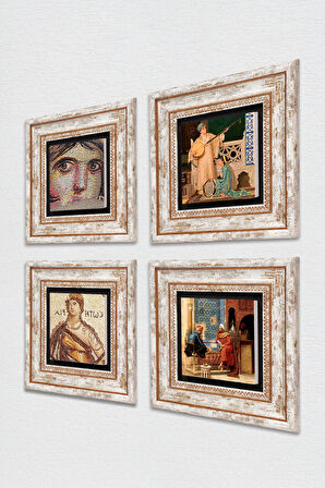 Soteria, Çingene Kızı, Satranç Oyunu, İki Müzisyen Kız Taş Duvar Tablosu Çerçeveli Duvar Dekoru 4 Parça Tablo Seti Wall Art