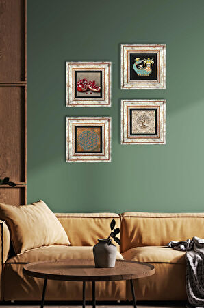 Yaşam Çiçeği, Şahmeran, Hayat Ağacı, Nar Taş Duvar Tablosu Çerçeveli Duvar Dekoru 4 Parça Tablo Seti Wall Art