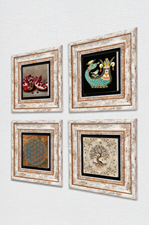 Yaşam Çiçeği, Şahmeran, Hayat Ağacı, Nar Taş Duvar Tablosu Çerçeveli Duvar Dekoru 4 Parça Tablo Seti Wall Art