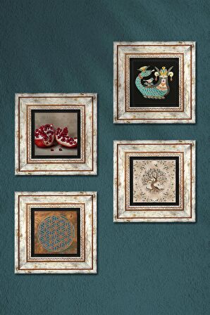 Yaşam Çiçeği, Şahmeran, Hayat Ağacı, Nar Taş Duvar Tablosu Çerçeveli Duvar Dekoru 4 Parça Tablo Seti Wall Art