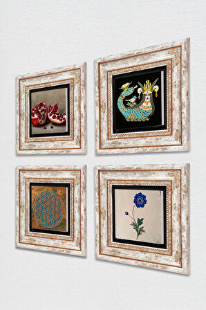 Yaşam Çiçeği, Ebru Sanatı, Şahmeran, Nar Taş Duvar Tablosu Çerçeveli Duvar Dekoru 4 Parça Tablo Seti Wall Art