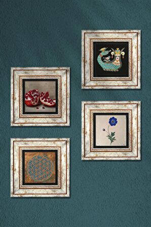 Yaşam Çiçeği, Ebru Sanatı, Şahmeran, Nar Taş Duvar Tablosu Çerçeveli Duvar Dekoru 4 Parça Tablo Seti Wall Art