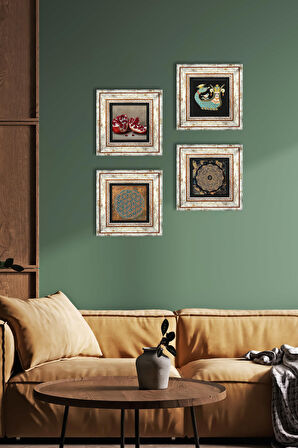 Yaşam Çiçeği, Sri Yantra, Şahmeran, Nar Taş Duvar Tablosu Çerçeveli Duvar Dekoru 4 Parça Tablo Seti Wall Art