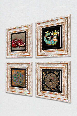 Yaşam Çiçeği, Sri Yantra, Şahmeran, Nar Taş Duvar Tablosu Çerçeveli Duvar Dekoru 4 Parça Tablo Seti Wall Art