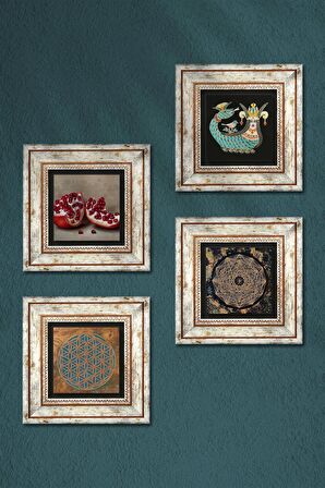 Yaşam Çiçeği, Sri Yantra, Şahmeran, Nar Taş Duvar Tablosu Çerçeveli Duvar Dekoru 4 Parça Tablo Seti Wall Art