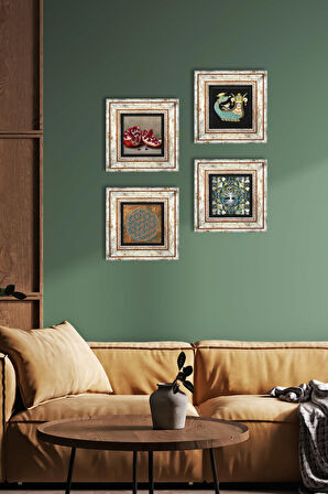 Yaşam Çiçeği, Hayat Ağacı, Şahmeran, Nar Taş Duvar Tablosu Çerçeveli Duvar Dekoru 4 Parça Tablo Seti Wall Art