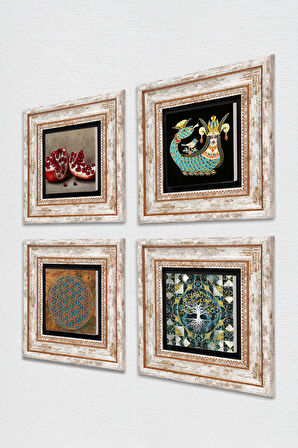 Yaşam Çiçeği, Hayat Ağacı, Şahmeran, Nar Taş Duvar Tablosu Çerçeveli Duvar Dekoru 4 Parça Tablo Seti Wall Art