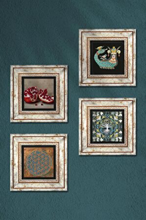 Yaşam Çiçeği, Hayat Ağacı, Şahmeran, Nar Taş Duvar Tablosu Çerçeveli Duvar Dekoru 4 Parça Tablo Seti Wall Art