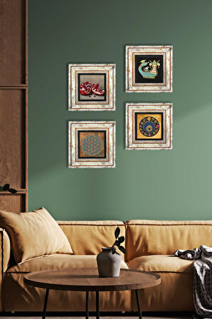 Yaşam Çiçeği, Nazar, Şahmeran, Nar Taş Duvar Tablosu Çerçeveli Duvar Dekoru 4 Parça Tablo Seti Wall Art