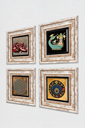 Yaşam Çiçeği, Nazar, Şahmeran, Nar Taş Duvar Tablosu Çerçeveli Duvar Dekoru 4 Parça Tablo Seti Wall Art