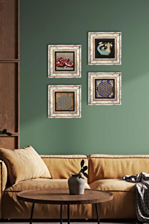 Yaşam Çiçeği, Şahmeran, Nar Taş Duvar Tablosu Çerçeveli Duvar Dekoru 4 Parça Tablo Seti Wall Art