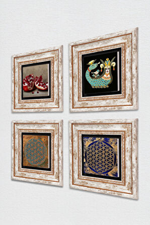 Yaşam Çiçeği, Şahmeran, Nar Taş Duvar Tablosu Çerçeveli Duvar Dekoru 4 Parça Tablo Seti Wall Art