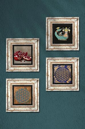 Yaşam Çiçeği, Şahmeran, Nar Taş Duvar Tablosu Çerçeveli Duvar Dekoru 4 Parça Tablo Seti Wall Art