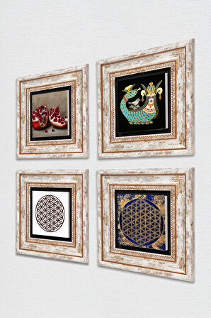 Yaşam Çiçeği, Şahmeran, Nar Taş Duvar Tablosu Çerçeveli Duvar Dekoru 4 Parça Tablo Seti Wall Art