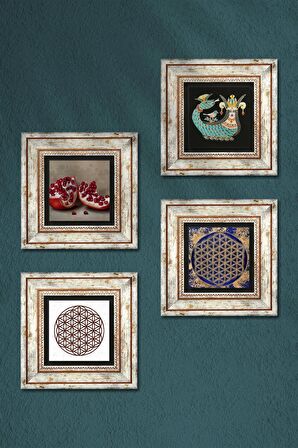 Yaşam Çiçeği, Şahmeran, Nar Taş Duvar Tablosu Çerçeveli Duvar Dekoru 4 Parça Tablo Seti Wall Art