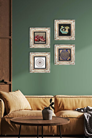 Yaşam Çiçeği, Şahmeran, Nar Taş Duvar Tablosu Çerçeveli Duvar Dekoru 4 Parça Tablo Seti Wall Art