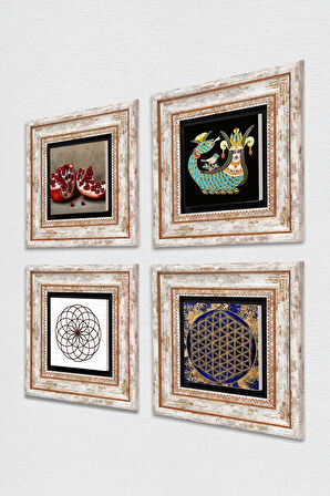 Yaşam Çiçeği, Şahmeran, Nar Taş Duvar Tablosu Çerçeveli Duvar Dekoru 4 Parça Tablo Seti Wall Art