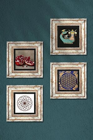 Yaşam Çiçeği, Şahmeran, Nar Taş Duvar Tablosu Çerçeveli Duvar Dekoru 4 Parça Tablo Seti Wall Art