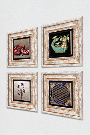 Ebru Sanatı, Yaşam Çiçeği, Şahmeran, Nar Taş Duvar Tablosu Çerçeveli Duvar Dekoru 4 Parça Tablo Seti Wall Art