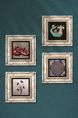 Ebru Sanatı, Yaşam Çiçeği, Şahmeran, Nar Taş Duvar Tablosu Çerçeveli Duvar Dekoru 4 Parça Tablo Seti Wall Art